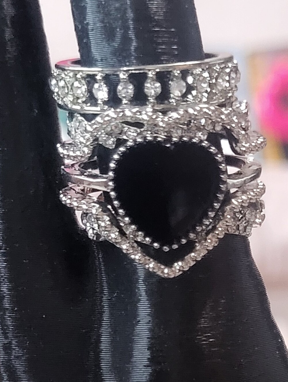 New Gothic Black Heart Stacking Ring Set Silver Tone Rhinestones 4 Rings